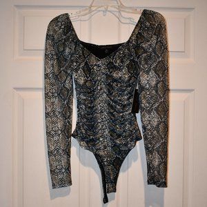 Faded Rose Women's Snake Skin Long Sheer Sleeve Ruched Front Bodysuit Size Med